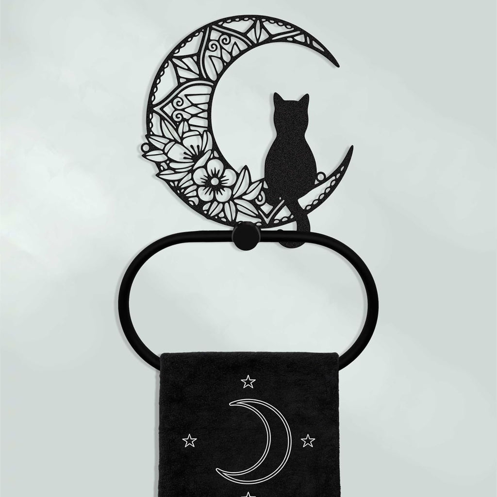 Gothic Black Cat Wall Decor Towel Ring, Moon and Cat Towel Hanger, Witchy Gothic Hand Towels Kitchen Bathroom Accessories, Bath Towel Rings Home Office Garden Hotel, Home Decors Gift