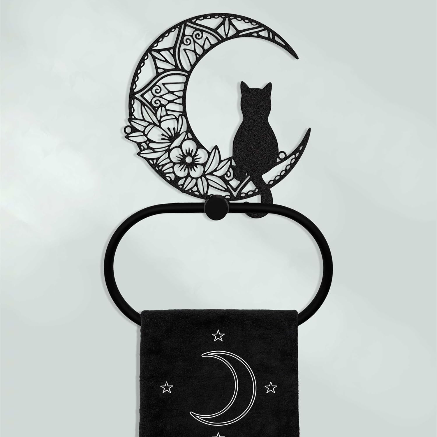 Gothic Black Cat Wall Decor Towel Ring, Moon and Cat Towel Hanger, Witchy Gothic Hand Towels Kitchen Bathroom Accessories, Bath Towel Rings Home Office Garden Hotel, Home Decors Gift