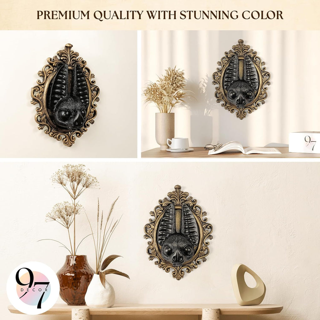 Black and Gold Bat Wall Sculpture, Gothic Wall Art Statue | Single Bat Wall Sculpture, Black and Gold Finish, Gothic and Halloween Accent, Living Room or Bedroom Wall