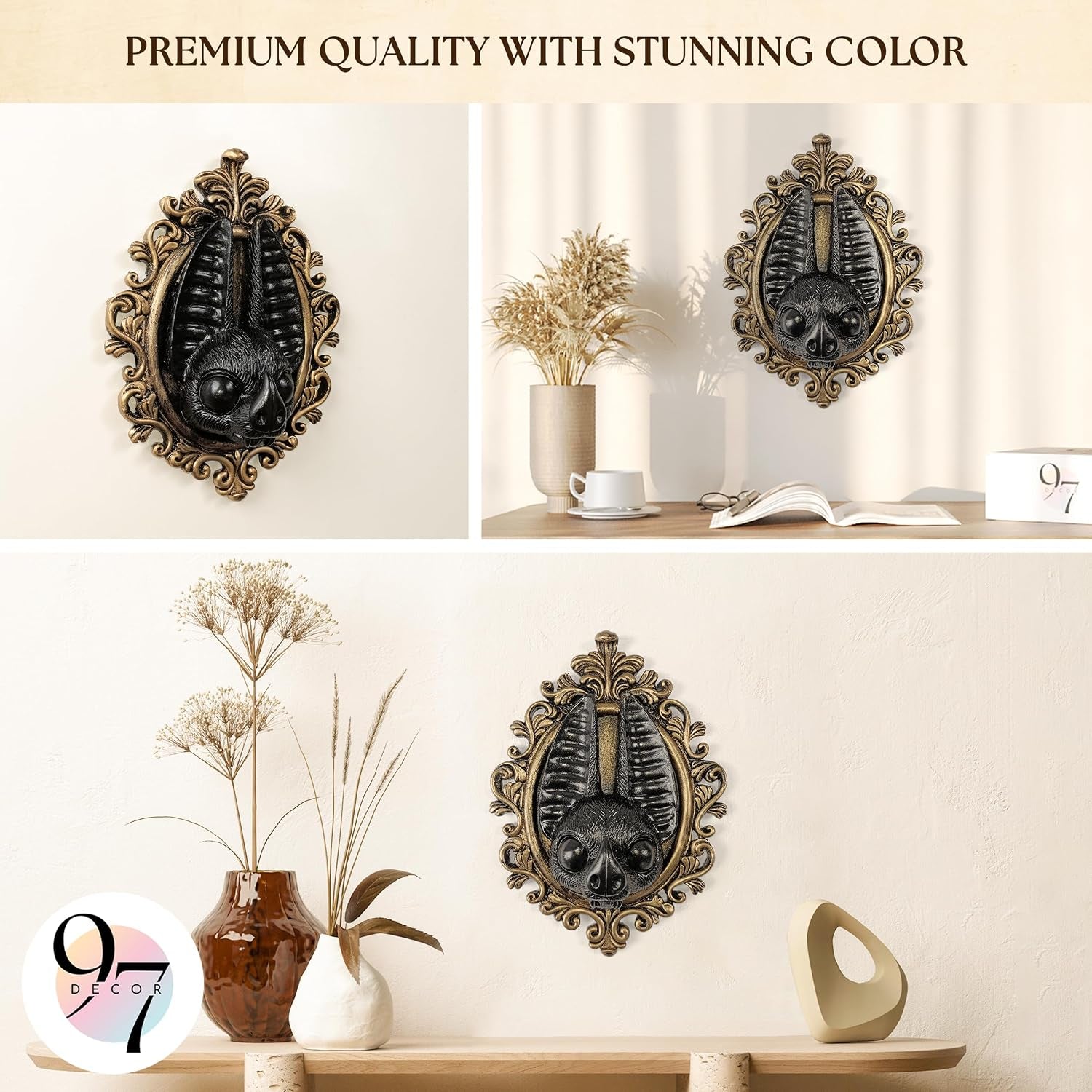 Black and Gold Bat Wall Sculpture, Gothic Wall Art Statue | Single Bat Wall Sculpture, Black and Gold Finish, Gothic and Halloween Accent, Living Room or Bedroom Wall