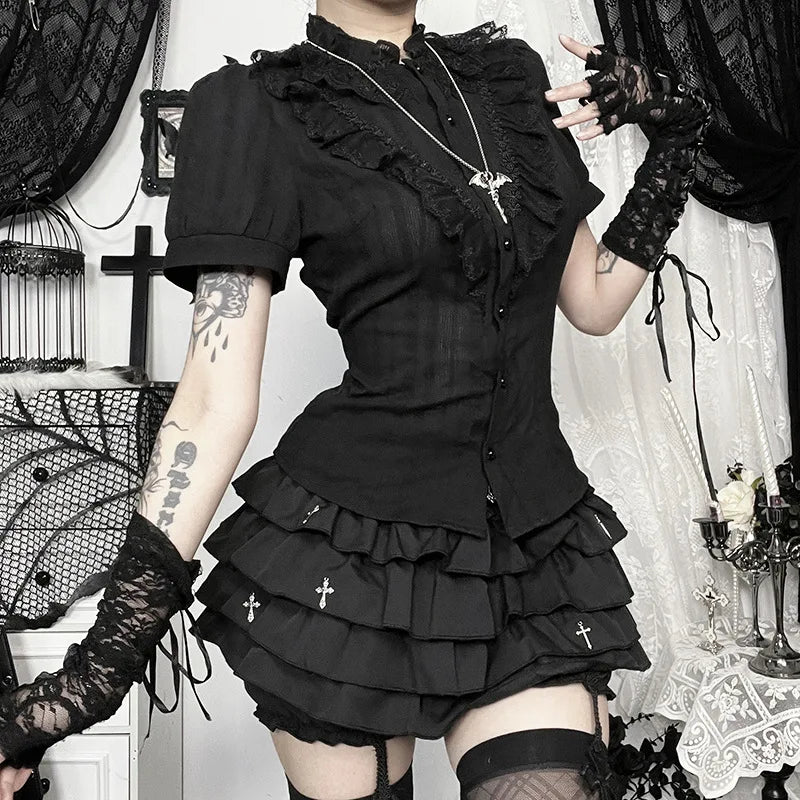 Sweet Lolita Cotton Shirts Women Vintage Gothic Black White Jacquard Short Sleeve Blouses Elegant Office Lady Y2K Tops