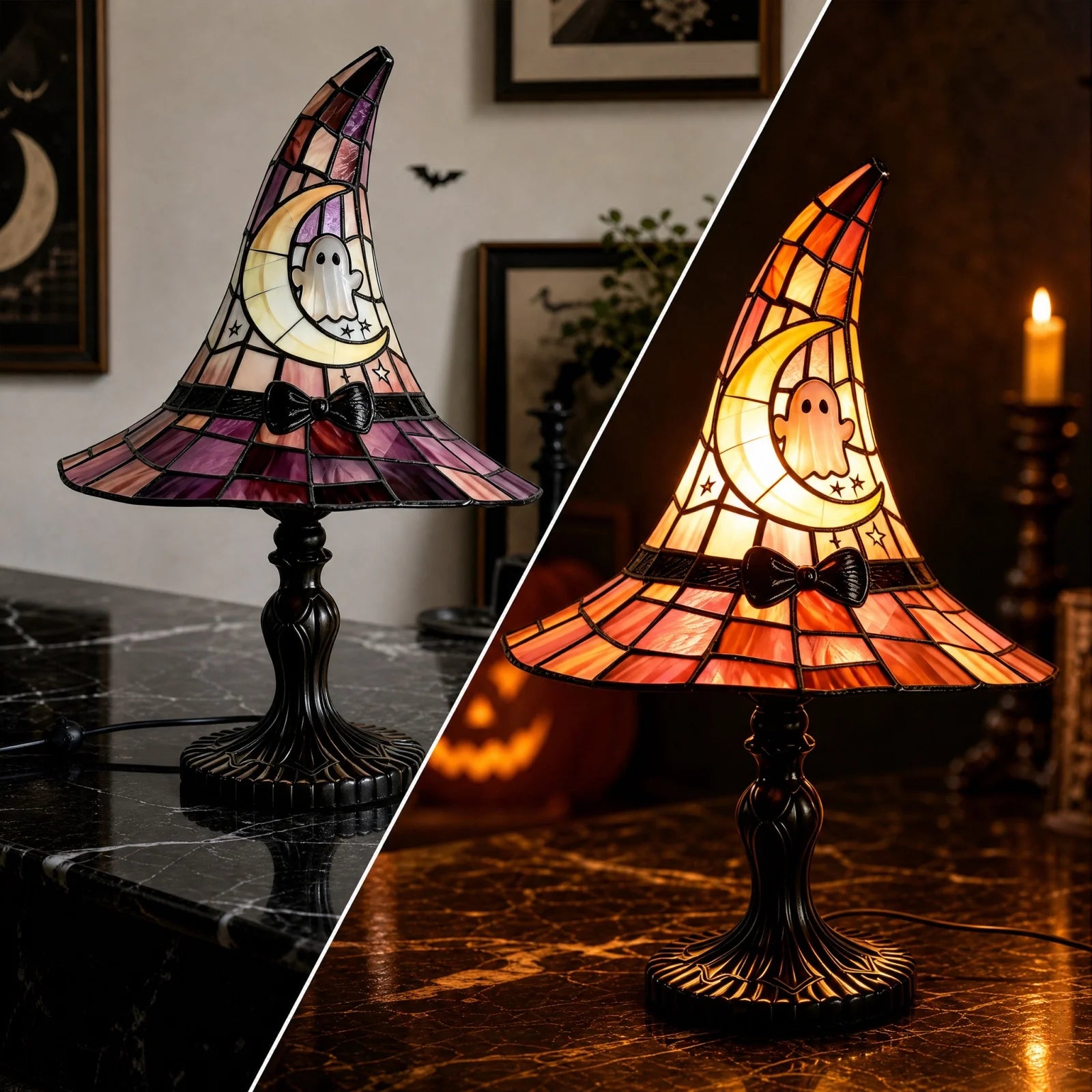 Stained Glass Witch Hat Lamp, Halloween Decoration Pink Purple Ghost Moon Small Tiffany Lamp, Gothic Indoor Halloween Table Decor Night Light - 11 Inch
