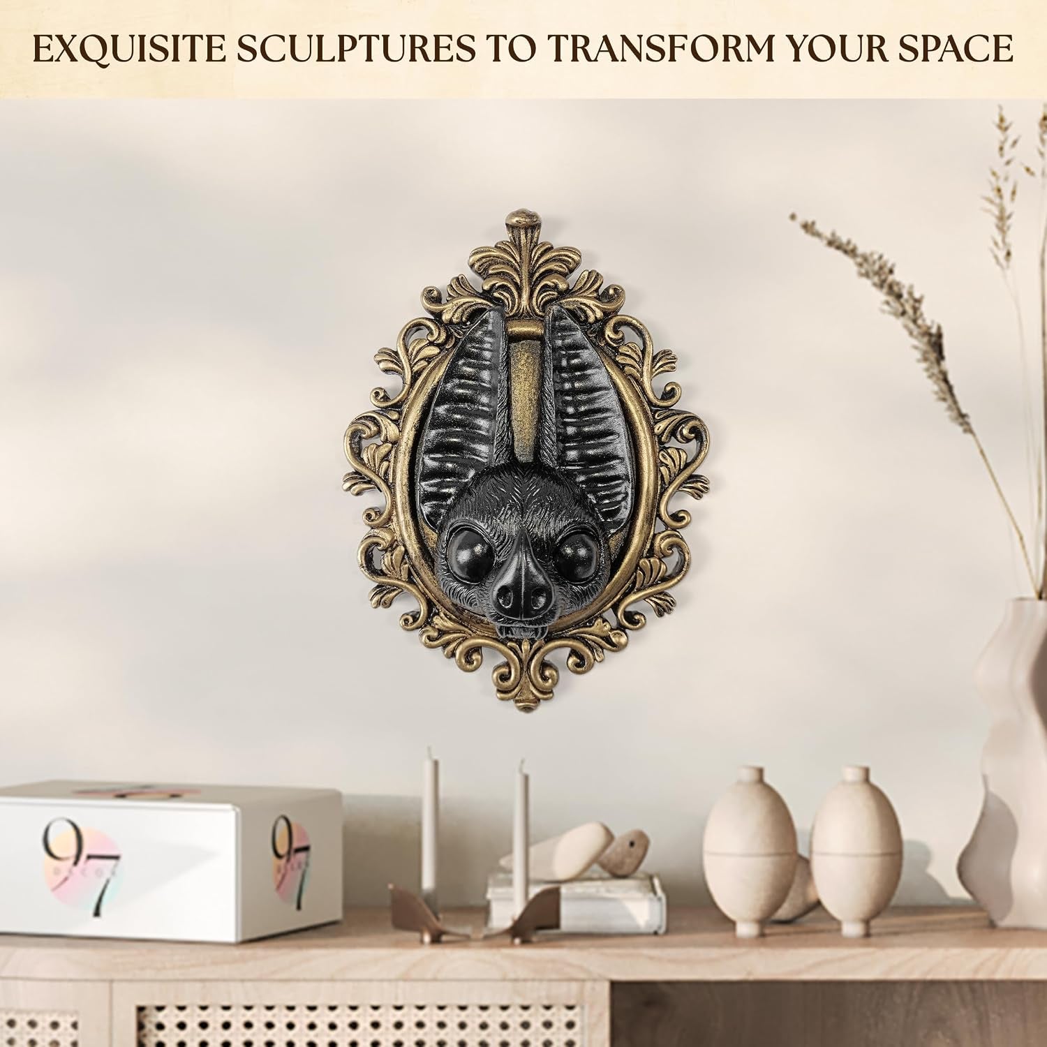 Black and Gold Bat Wall Sculpture, Gothic Wall Art Statue | Single Bat Wall Sculpture, Black and Gold Finish, Gothic and Halloween Accent, Living Room or Bedroom Wall