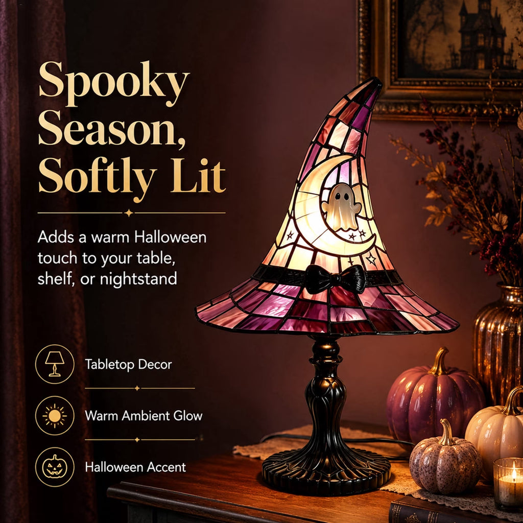 Stained Glass Witch Hat Lamp, Halloween Decoration Pink Purple Ghost Moon Small Tiffany Lamp, Gothic Indoor Halloween Table Decor Night Light - 11 Inch