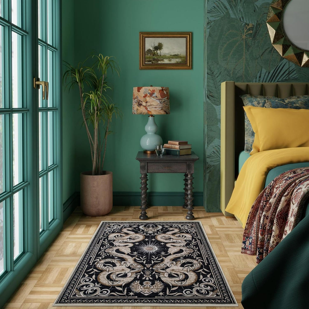 2X3 Snake Washable Rug Small Gothic Animal Rug Soft Low-Pile Thin Area Rug for Living Room Bedroom Dining Modern Art Deco Black Gold