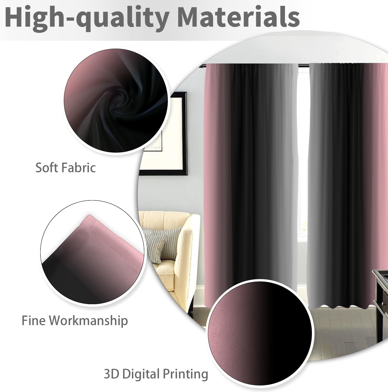 Black Pink Grey Curtain, Ombre, 2 Panels, 42" W X 63" L, Rod Pocket | Cute Princess Bedroom Theme, Pretty Beautiful Aesthetic, Dark Moody Gothic Halloween Style, Window Drapes Decor