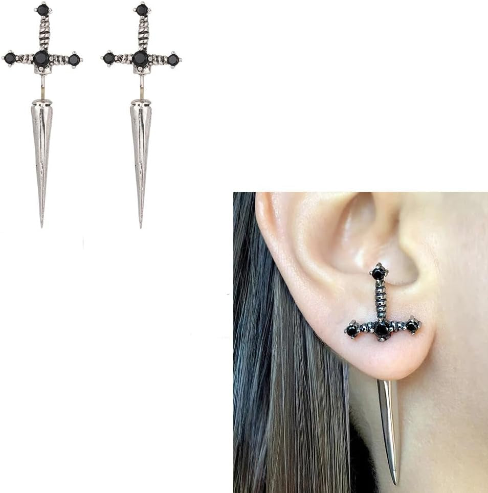 Gothic Punk Dagger Sword Stud Earrings - Black Cubic Zirconia Screw Earrings for Women & Men - Halloween Costume Jewelry Gifts