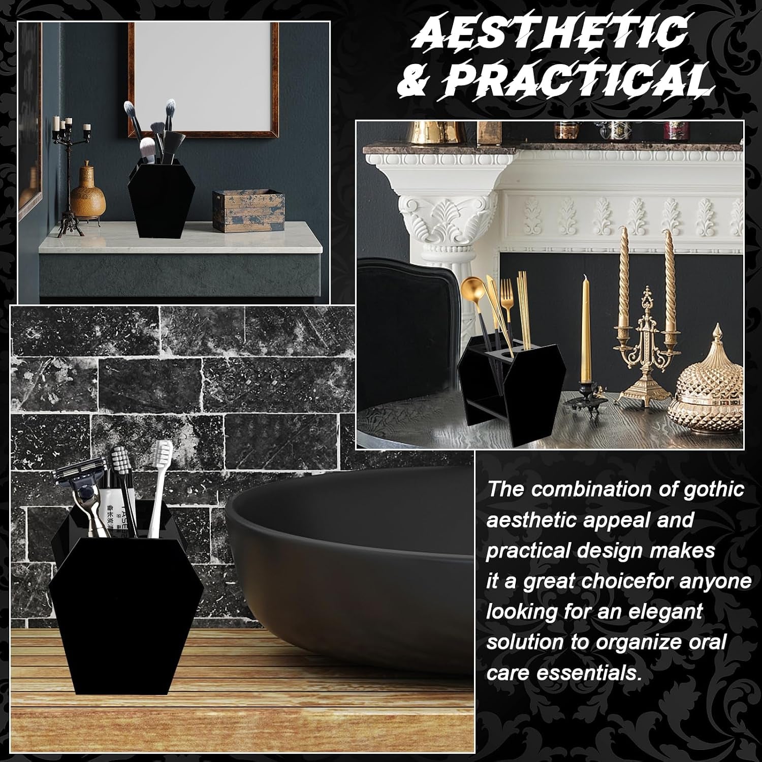 Gothic Decor Coffin Toothbrush Holders for Bathrooms - Black Acrylic Halloween Goth Bathroom Decor, Spooky Halloween 3 Slots Toothbrush and Toothpaste Holder, Halloween Decor Oddities and Curiosities