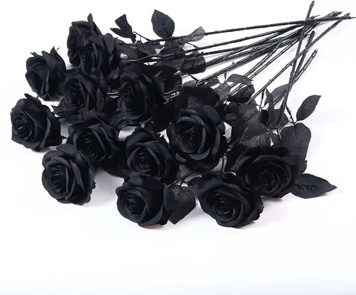 12 PCS Artificial Flowers Black Roses, Fake Silk Flower Long Stem Artificial Rose for Home Wedding Party Decorations(Black Halloween)