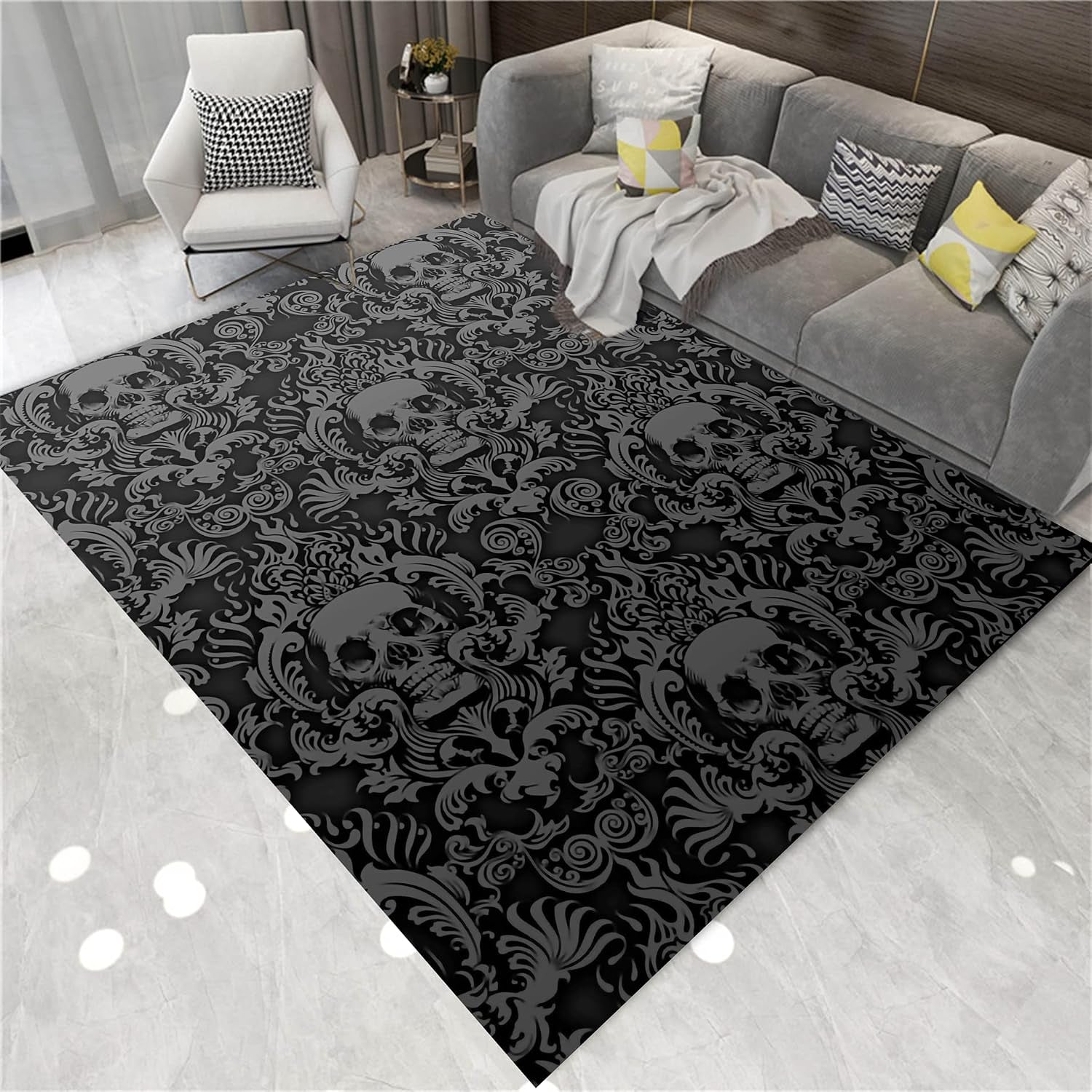 Vintage Black Gothic Skull Area Rugs Home Decor Halloween Rug Non Slip Soft Carpet Throw Rugs Floor Carpet Goth Decor Witch Wiccan Decor for Living Room Bedroom 6'X8'