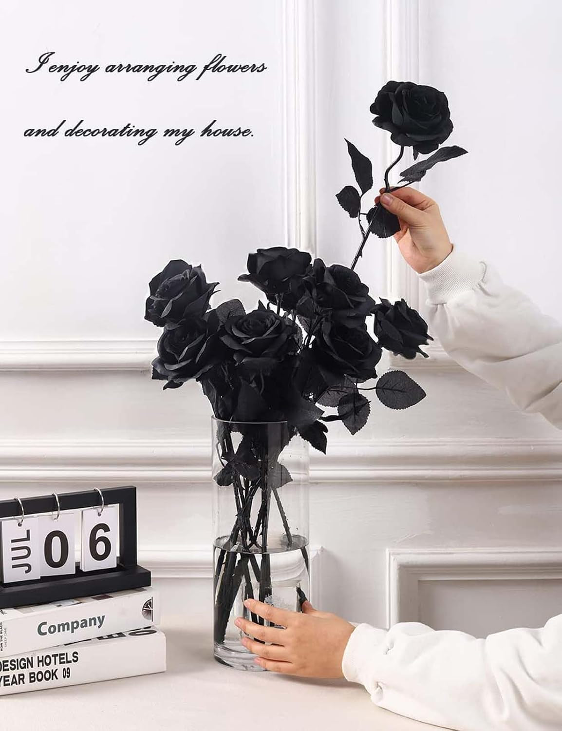 12 PCS Artificial Flowers Black Roses, Fake Silk Flower Long Stem Artificial Rose for Home Wedding Party Decorations(Black Halloween)