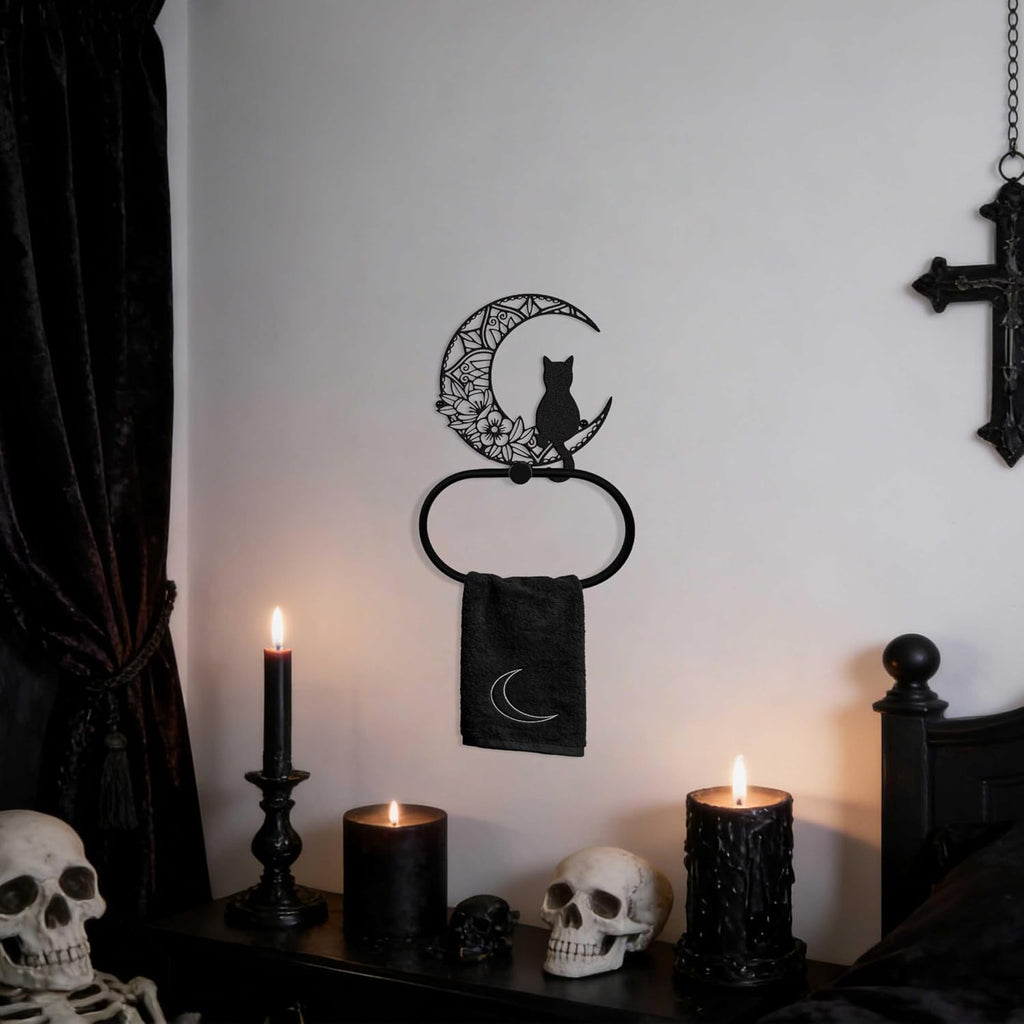 Gothic Black Cat Wall Decor Towel Ring, Moon and Cat Towel Hanger, Witchy Gothic Hand Towels Kitchen Bathroom Accessories, Bath Towel Rings Home Office Garden Hotel, Home Decors Gift