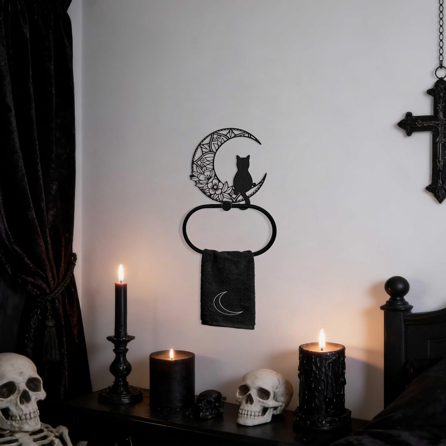 Gothic Black Cat Wall Decor Towel Ring, Moon and Cat Towel Hanger, Witchy Gothic Hand Towels Kitchen Bathroom Accessories, Bath Towel Rings Home Office Garden Hotel, Home Decors Gift