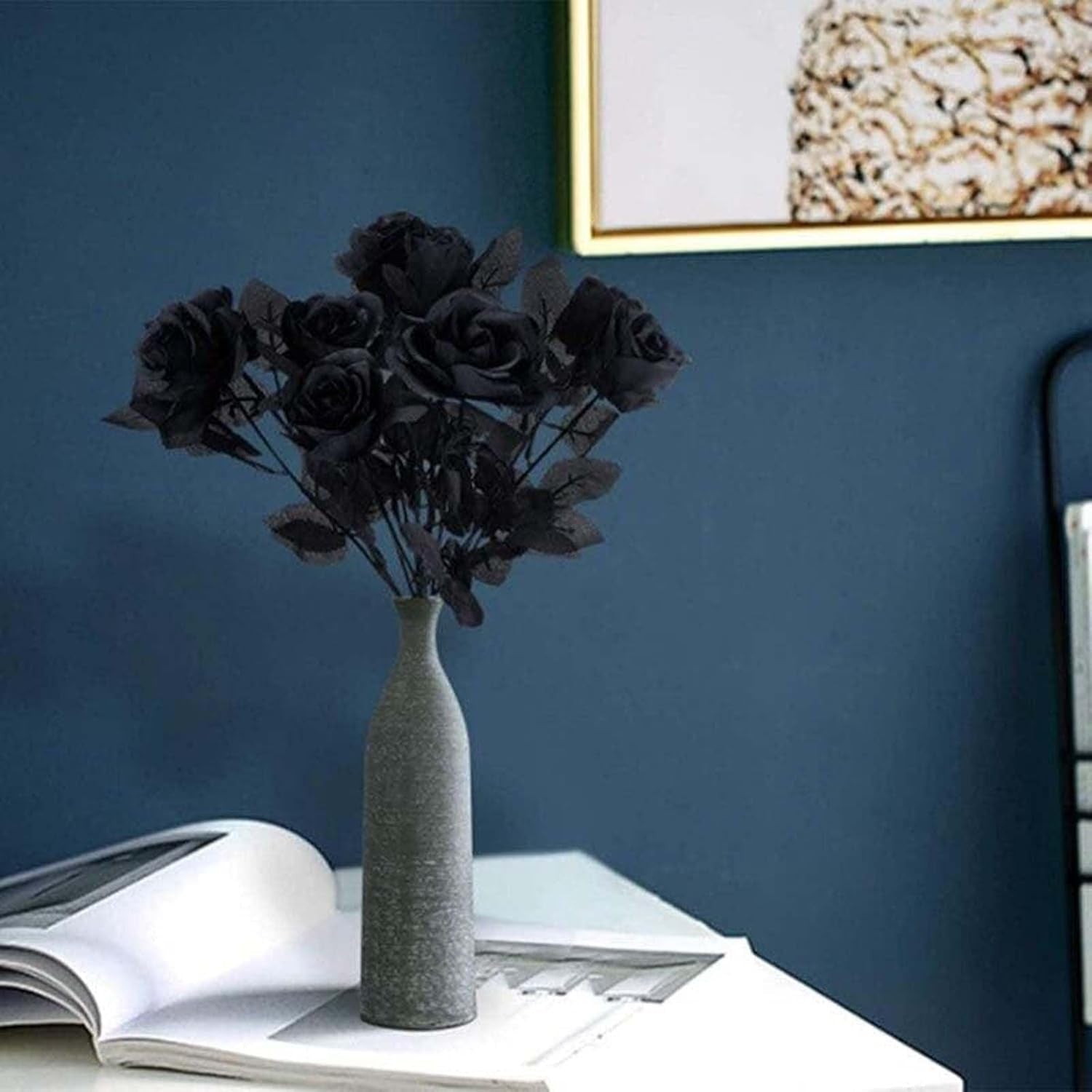 12 PCS Artificial Flowers Black Roses, Fake Silk Flower Long Stem Artificial Rose for Home Wedding Party Decorations(Black Halloween)