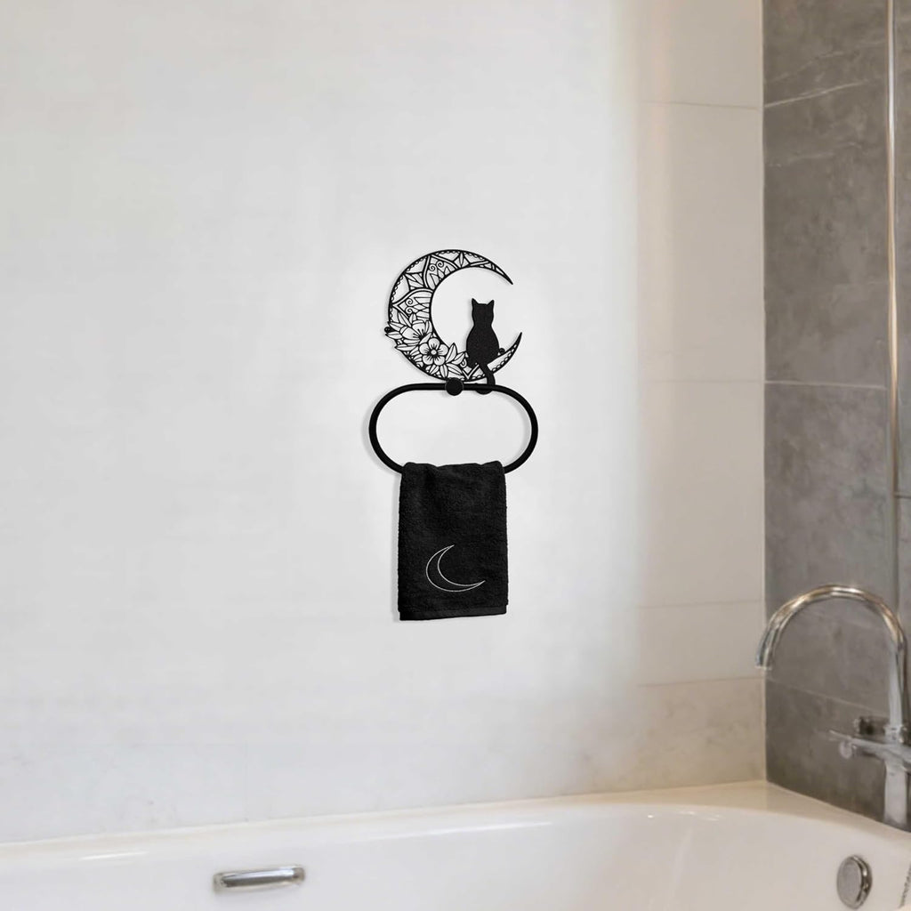 Gothic Black Cat Wall Decor Towel Ring, Moon and Cat Towel Hanger, Witchy Gothic Hand Towels Kitchen Bathroom Accessories, Bath Towel Rings Home Office Garden Hotel, Home Decors Gift