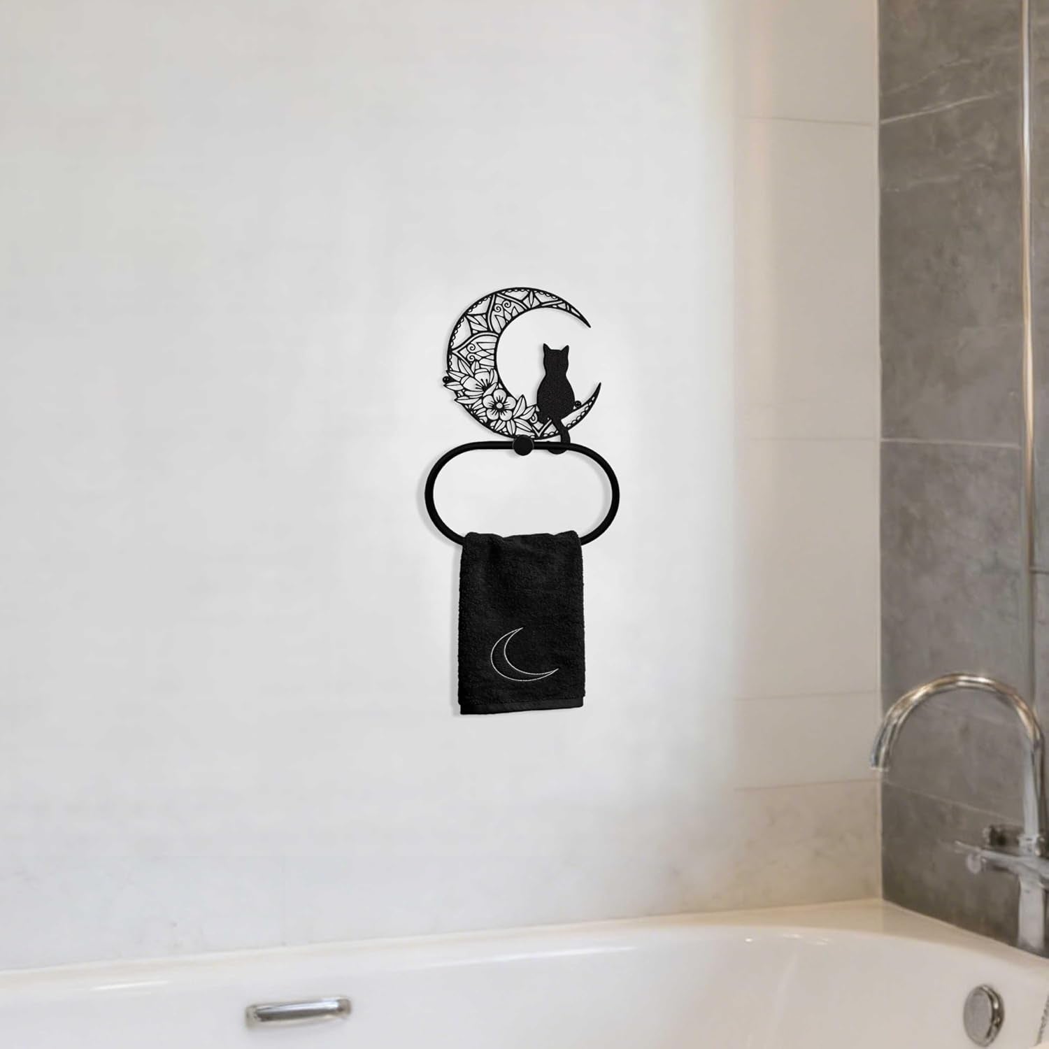 Gothic Black Cat Wall Decor Towel Ring, Moon and Cat Towel Hanger, Witchy Gothic Hand Towels Kitchen Bathroom Accessories, Bath Towel Rings Home Office Garden Hotel, Home Decors Gift