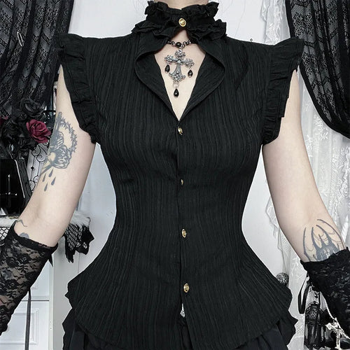 90S Grunge Single Breasted Slim Wasit Shirt Blouses Women Alt Teachwear Mall Gothic Stringy Selvedge Sleeveless Shirts