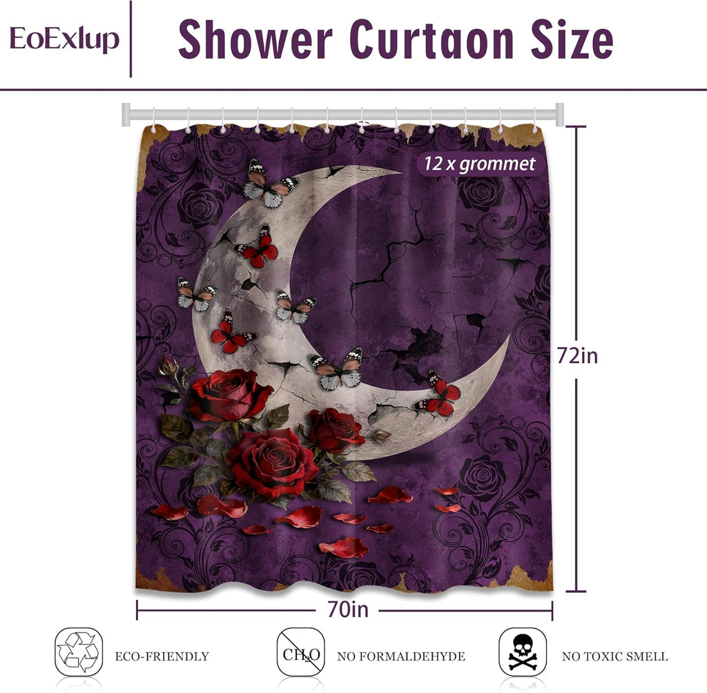 Purple Witchy Shower Curtain Gothic Moon Goth, 70 X 72 Inch | Waterproof Cloth Fabric, Includes Hooks, Bathroom Decor Sets