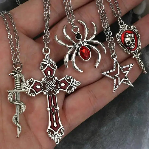 5Pcs Gothic Necklace Set for Women Halloween Jewelry Heart Bat Spider Cross Pendant Sweater Chain Trendy Daily Accessories Gift