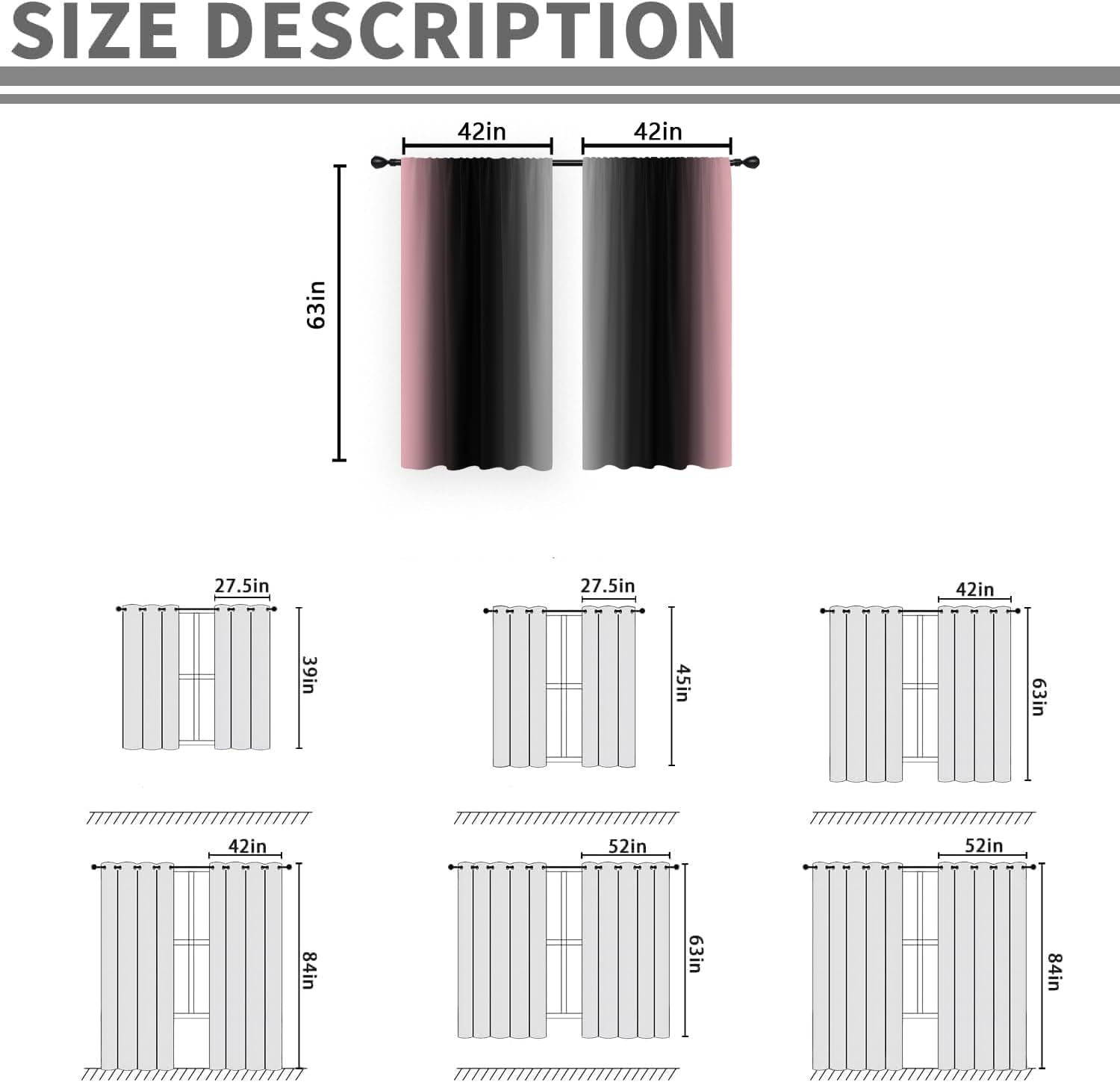 Black Pink Grey Curtain, Ombre, 2 Panels, 42" W X 63" L, Rod Pocket | Cute Princess Bedroom Theme, Pretty Beautiful Aesthetic, Dark Moody Gothic Halloween Style, Window Drapes Decor