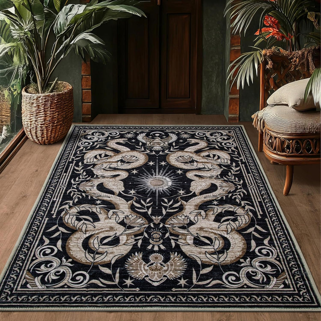 2X3 Snake Washable Rug Small Gothic Animal Rug Soft Low-Pile Thin Area Rug for Living Room Bedroom Dining Modern Art Deco Black Gold