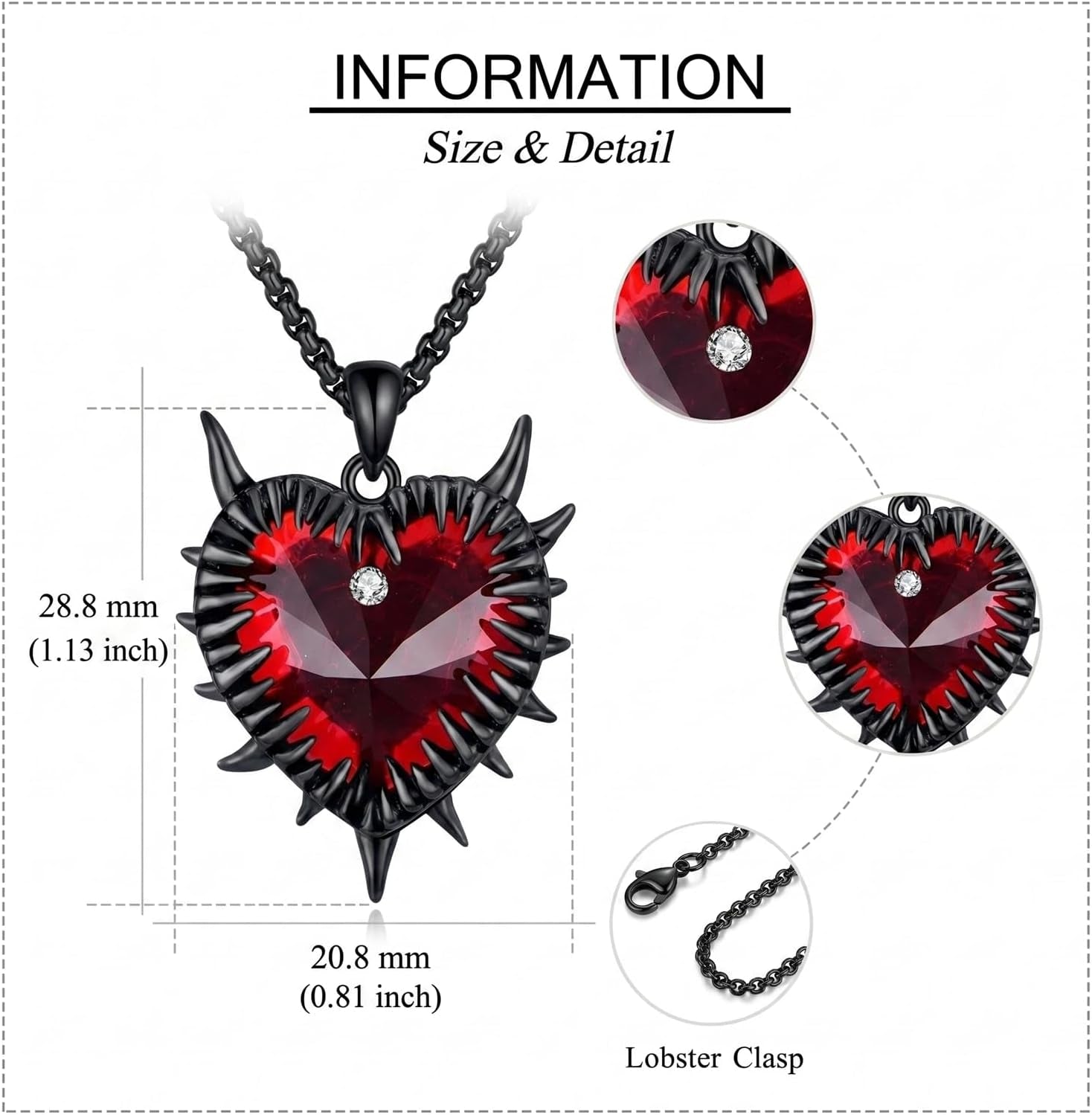 Spike Heart Necklace Barbed Wire Heart Necklace Goth Thorn Crystal Pendant Gothic 18K Black Gold Jewelry Gifts for Women Men
