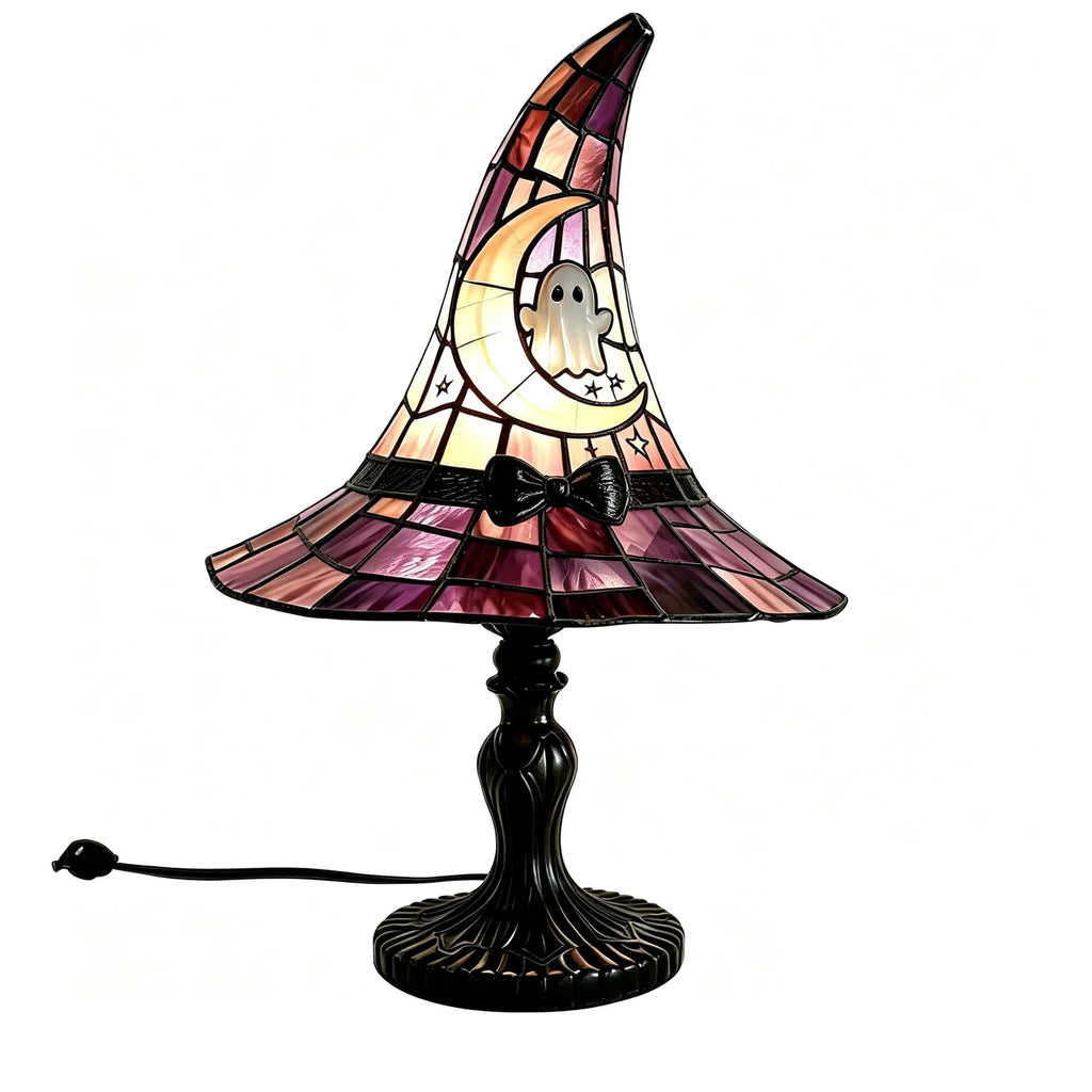 Stained Glass Witch Hat Lamp, Halloween Decoration Pink Purple Ghost Moon Small Tiffany Lamp, Gothic Indoor Halloween Table Decor Night Light - 11 Inch