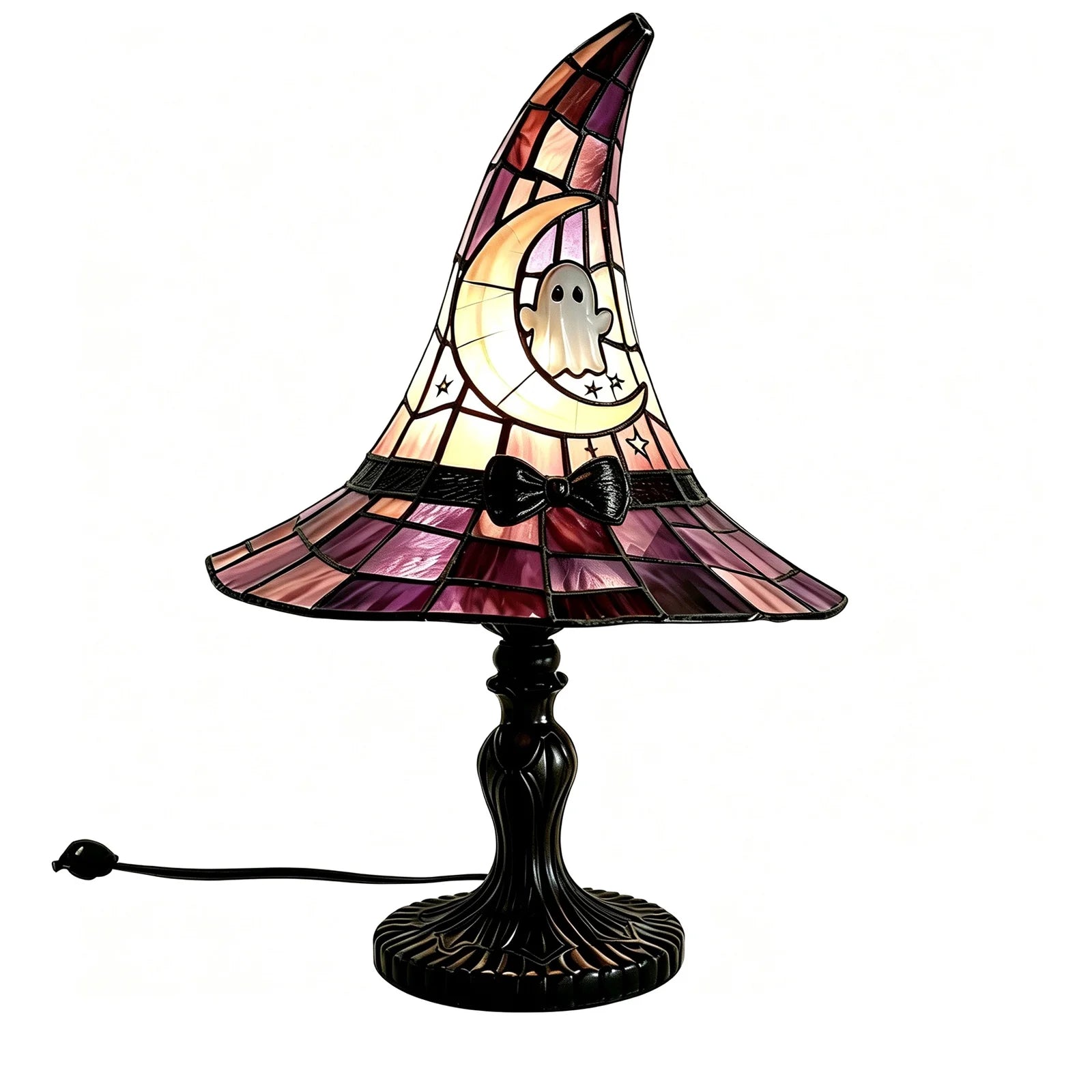 Stained Glass Witch Hat Lamp, Halloween Decoration Pink Purple Ghost Moon Small Tiffany Lamp, Gothic Indoor Halloween Table Decor Night Light - 11 Inch