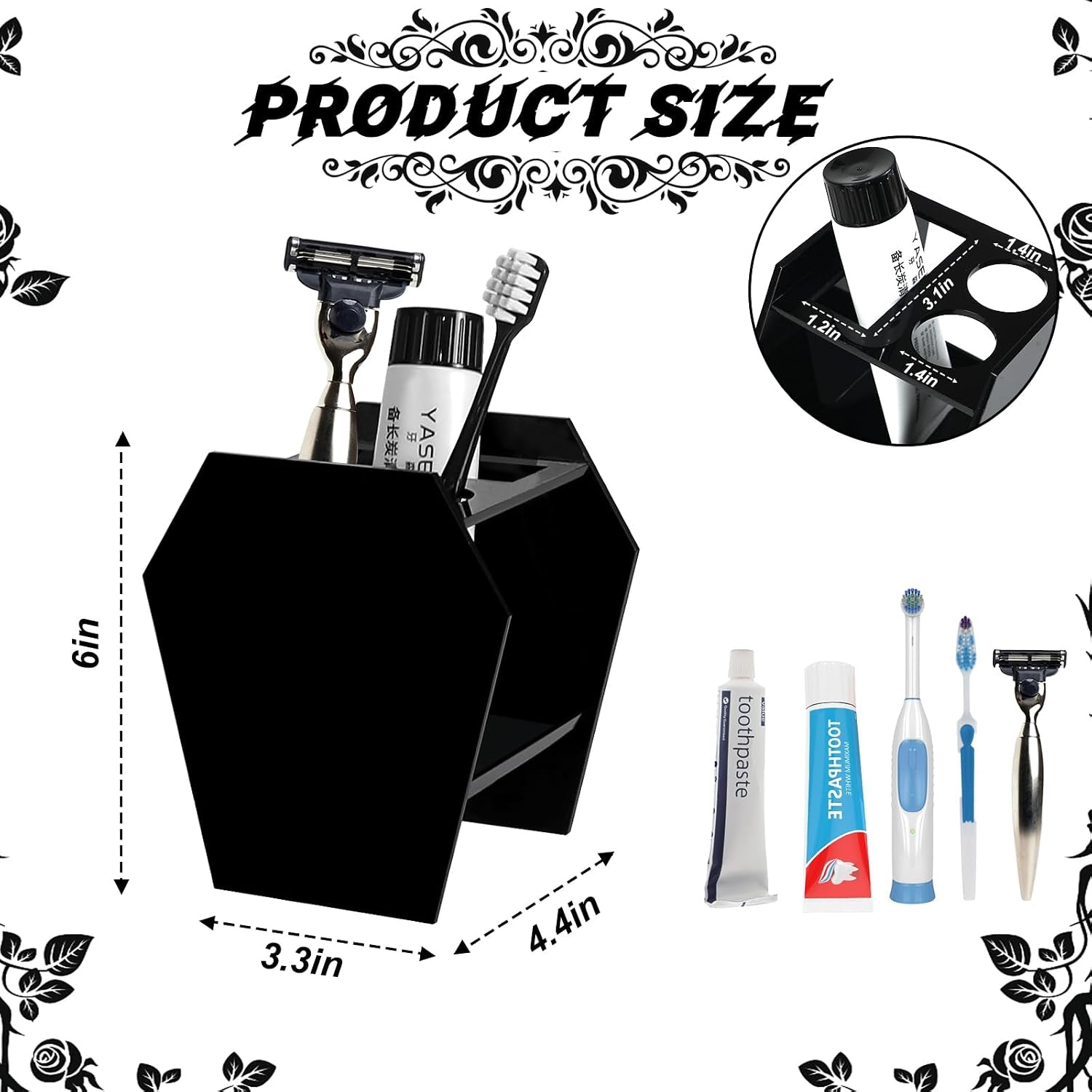 Gothic Decor Coffin Toothbrush Holders for Bathrooms - Black Acrylic Halloween Goth Bathroom Decor, Spooky Halloween 3 Slots Toothbrush and Toothpaste Holder, Halloween Decor Oddities and Curiosities
