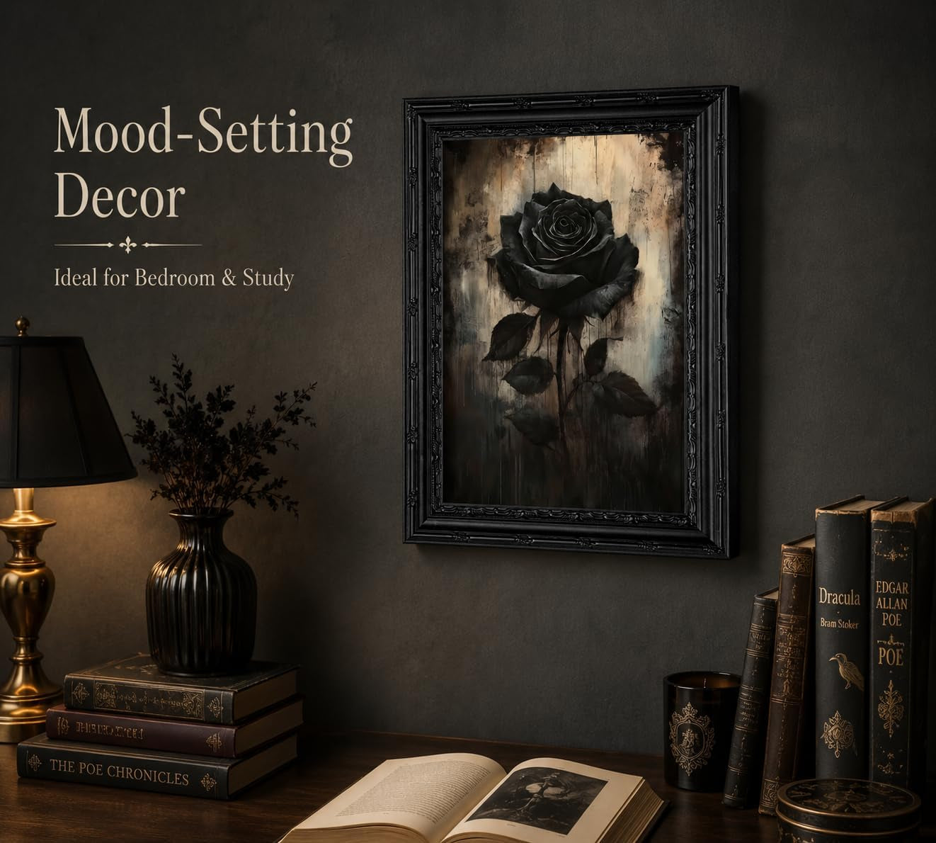 Black Framed Gothic Dark Black Flower Canvas Wall Art | Vintage Rose Picture Wall Decor,Halloween Moody Botanical Print Artwork.For Bathroom Living Room Room Home Decoration,9X11In