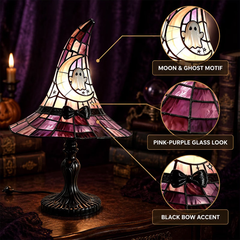 Stained Glass Witch Hat Lamp, Halloween Decoration Pink Purple Ghost Moon Small Tiffany Lamp, Gothic Indoor Halloween Table Decor Night Light - 11 Inch