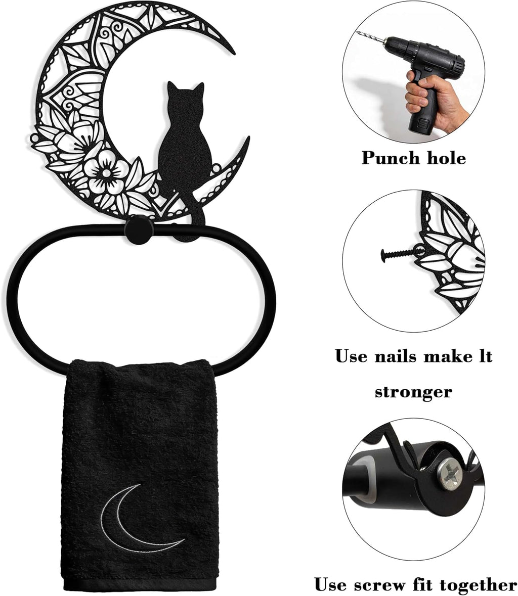 Gothic Black Cat Wall Decor Towel Ring, Moon and Cat Towel Hanger, Witchy Gothic Hand Towels Kitchen Bathroom Accessories, Bath Towel Rings Home Office Garden Hotel, Home Decors Gift