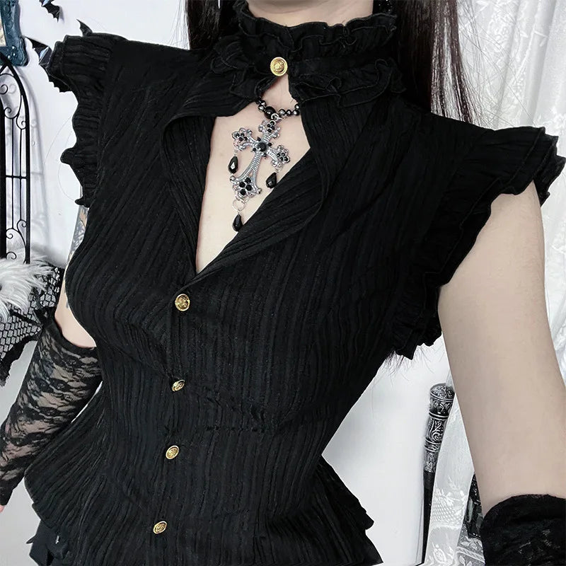 90S Grunge Single Breasted Slim Wasit Shirt Blouses Women Alt Teachwear Mall Gothic Stringy Selvedge Sleeveless Shirts
