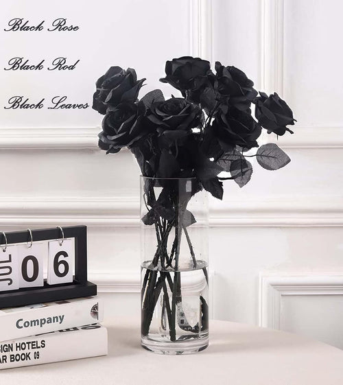 12 PCS Artificial Flowers Black Roses, Fake Silk Flower Long Stem Artificial Rose for Home Wedding Party Decorations(Black Halloween)