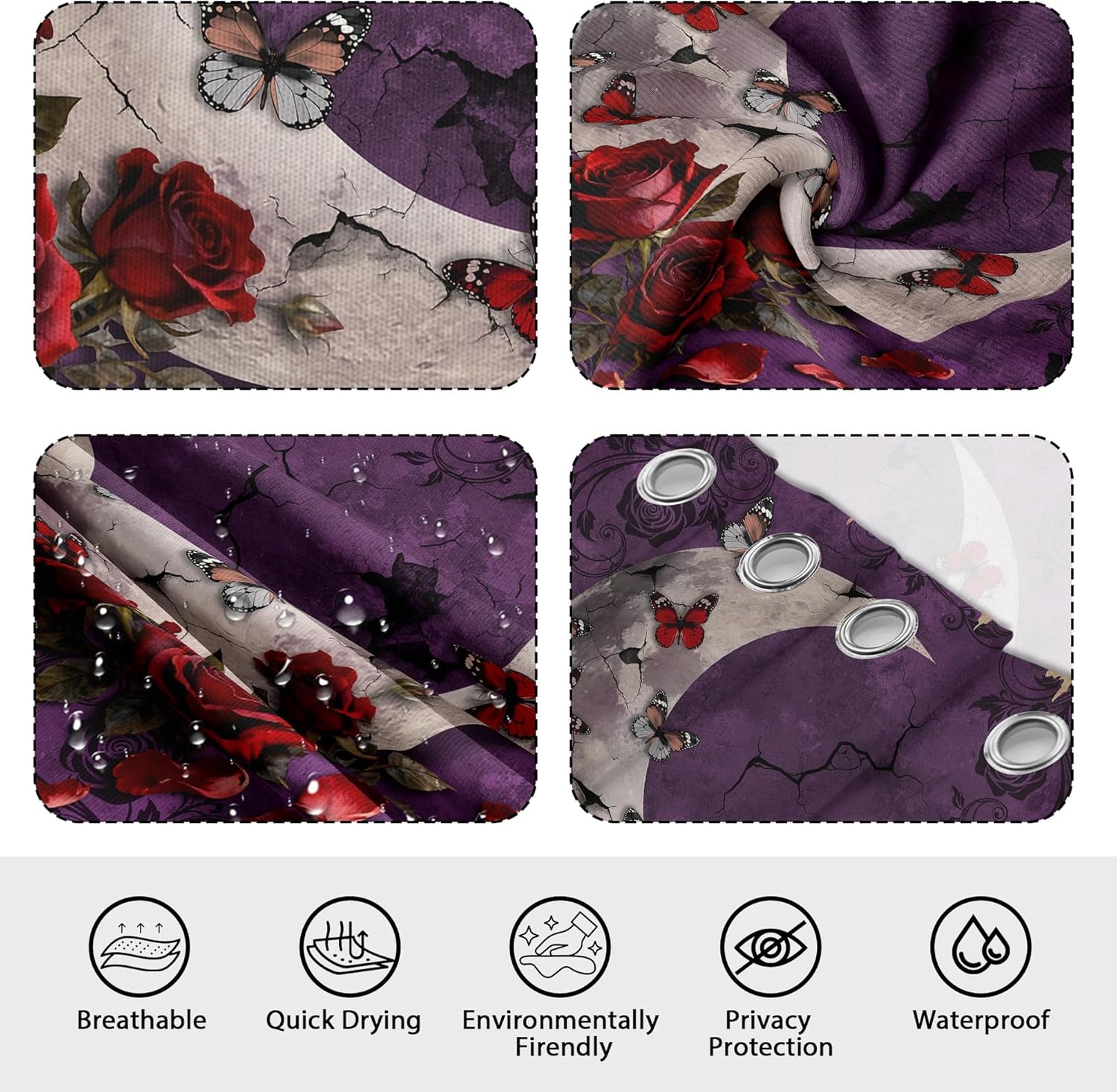 Purple Witchy Shower Curtain Gothic Moon Goth, 70 X 72 Inch | Waterproof Cloth Fabric, Includes Hooks, Bathroom Decor Sets