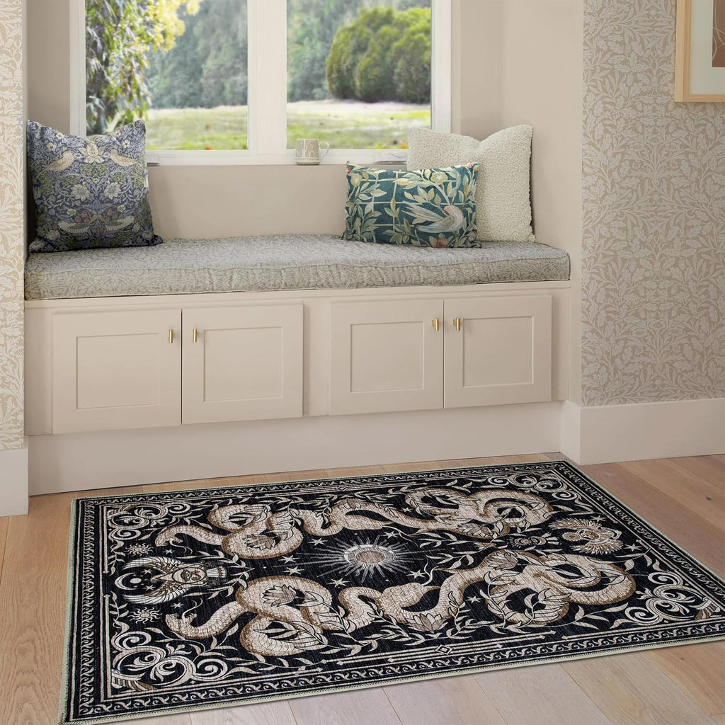2X3 Snake Washable Rug Small Gothic Animal Rug Soft Low-Pile Thin Area Rug for Living Room Bedroom Dining Modern Art Deco Black Gold