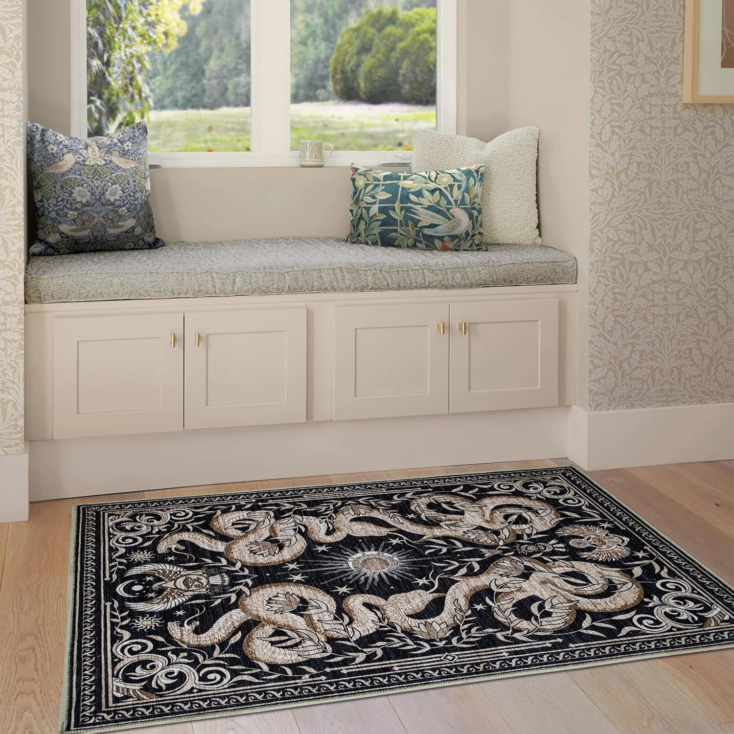 2X3 Snake Washable Rug Small Gothic Animal Rug Soft Low-Pile Thin Area Rug for Living Room Bedroom Dining Modern Art Deco Black Gold