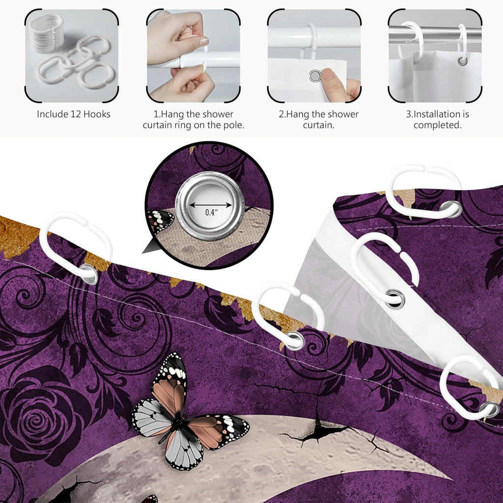 Purple Witchy Shower Curtain Gothic Moon Goth, 70 X 72 Inch | Waterproof Cloth Fabric, Includes Hooks, Bathroom Decor Sets