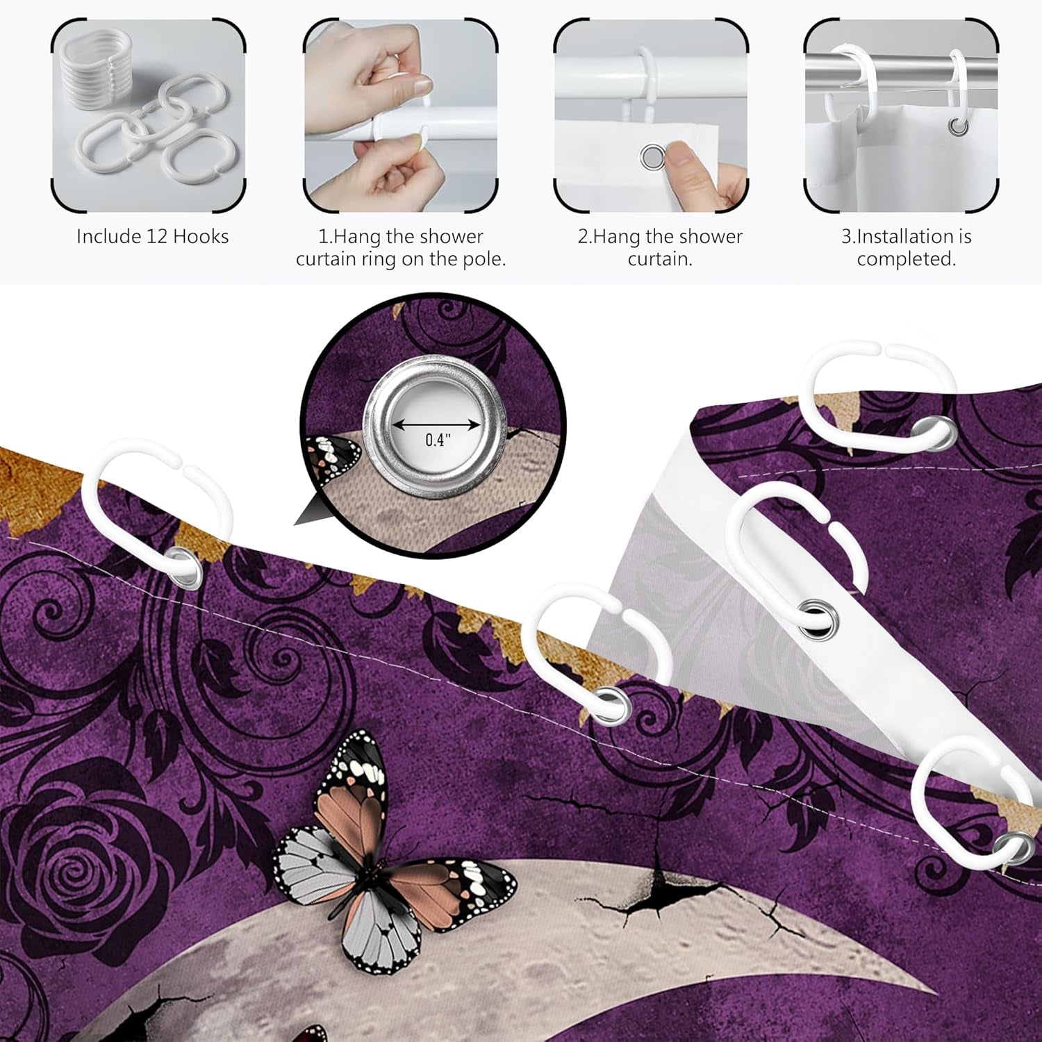 Purple Witchy Shower Curtain Gothic Moon Goth, 70 X 72 Inch | Waterproof Cloth Fabric, Includes Hooks, Bathroom Decor Sets