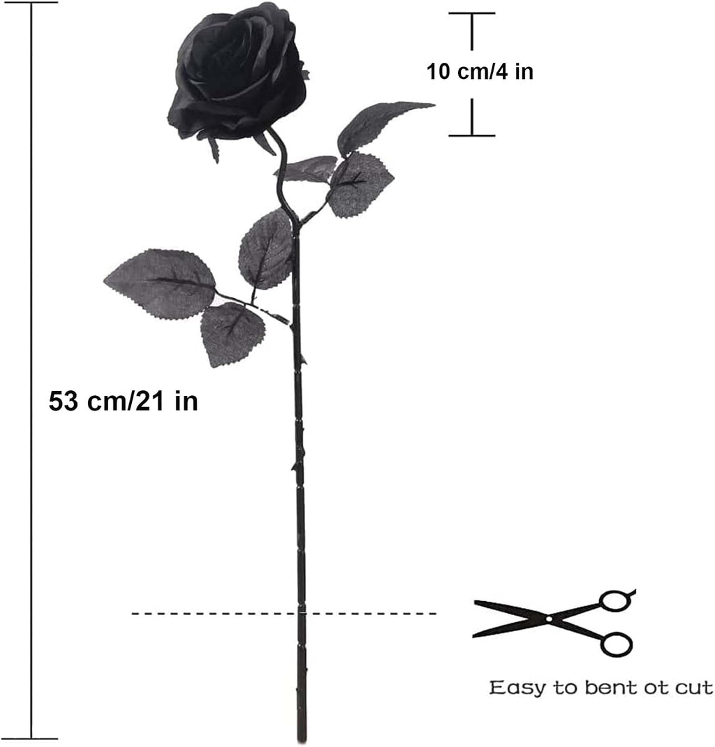 12 PCS Artificial Flowers Black Roses, Fake Silk Flower Long Stem Artificial Rose for Home Wedding Party Decorations(Black Halloween)
