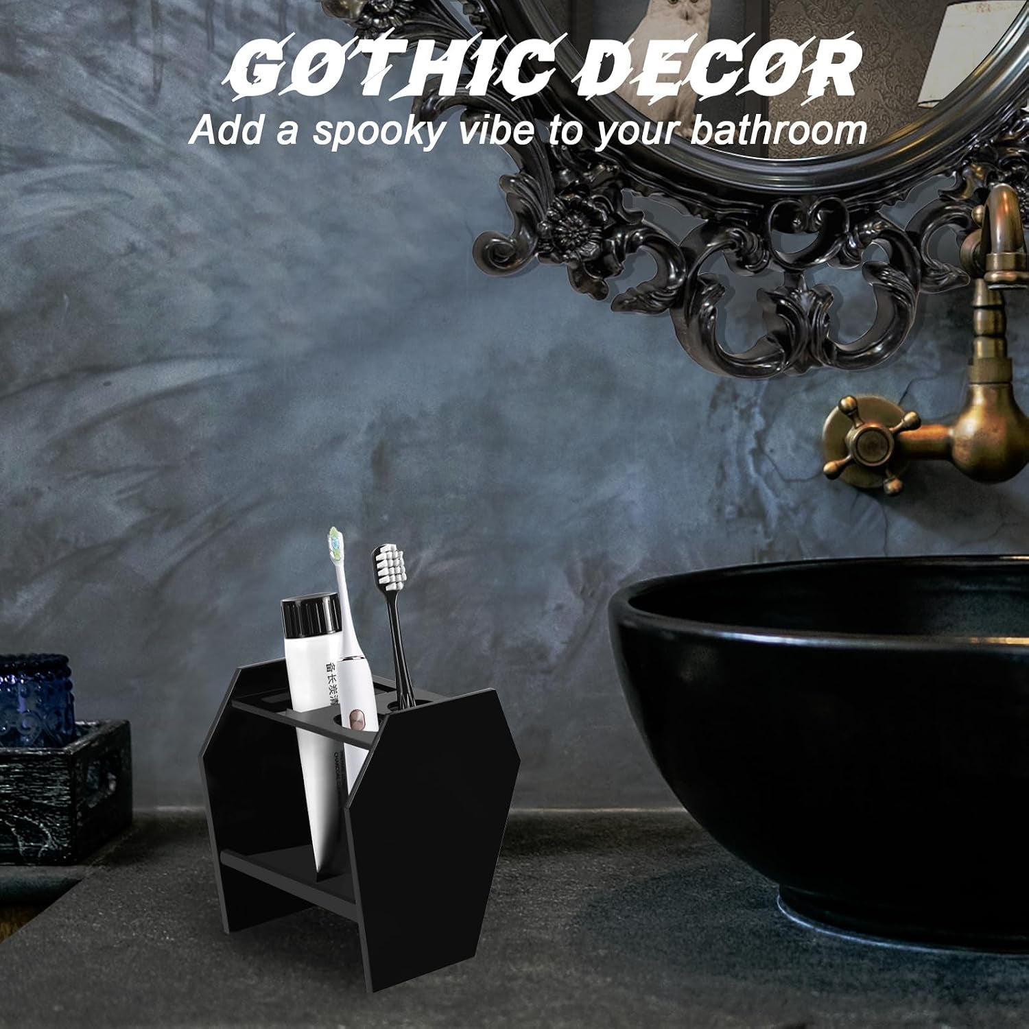 Gothic Decor Coffin Toothbrush Holders for Bathrooms - Black Acrylic Halloween Goth Bathroom Decor, Spooky Halloween 3 Slots Toothbrush and Toothpaste Holder, Halloween Decor Oddities and Curiosities