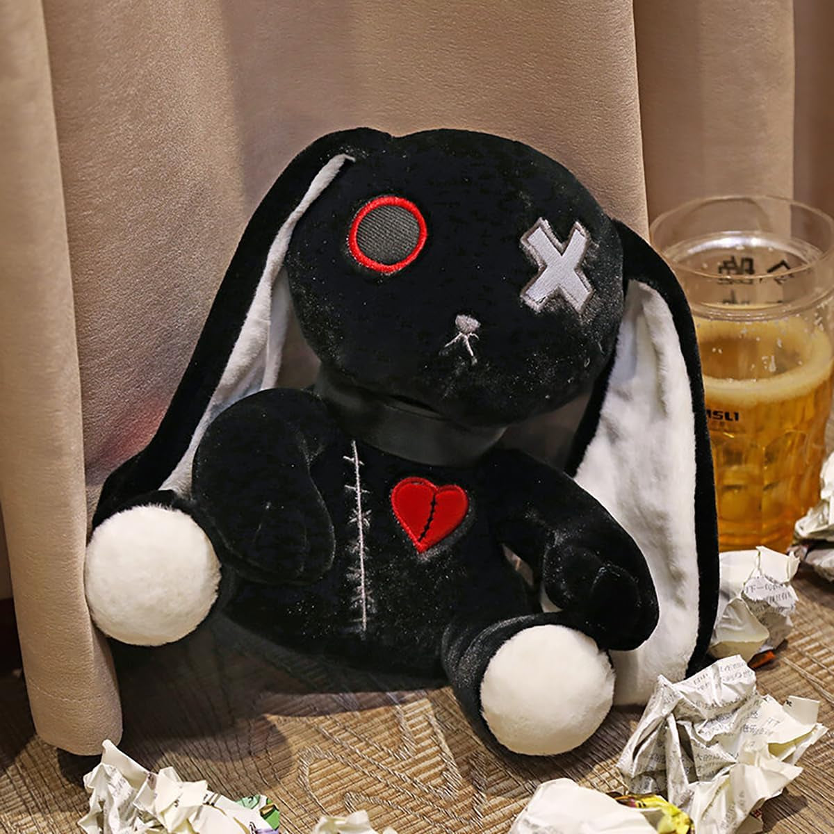 Creepy Goth Bunny Plush, 12 Inch Crazy Rabbit Plushie Toys, Long Ears Spooky Bunny Stuffed Animal Doll for Easter Halloween Christmas Birthday Gift (Black)