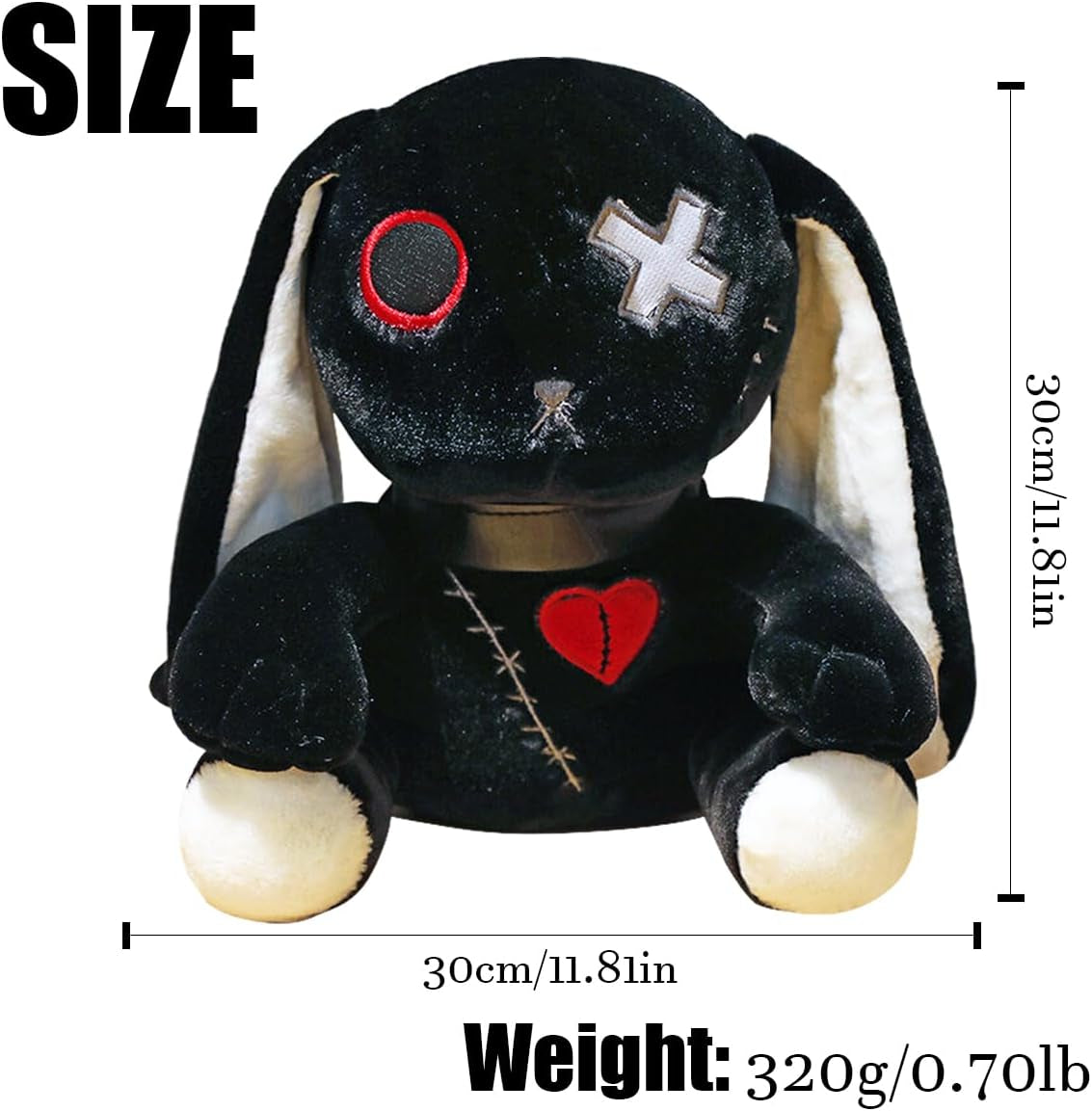 Creepy Goth Bunny Plush, 12 Inch Crazy Rabbit Plushie Toys, Long Ears Spooky Bunny Stuffed Animal Doll for Easter Halloween Christmas Birthday Gift (Black)
