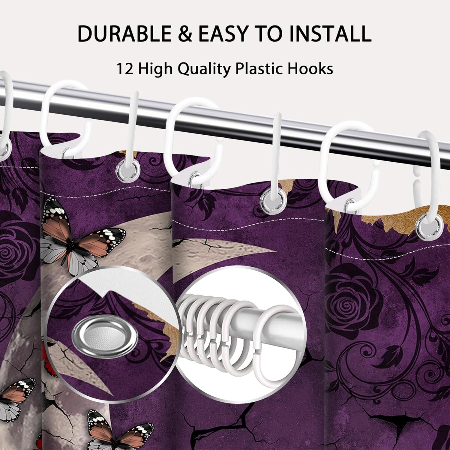 Purple Witchy Shower Curtain Gothic Moon Goth, 70 X 72 Inch | Waterproof Cloth Fabric, Includes Hooks, Bathroom Decor Sets
