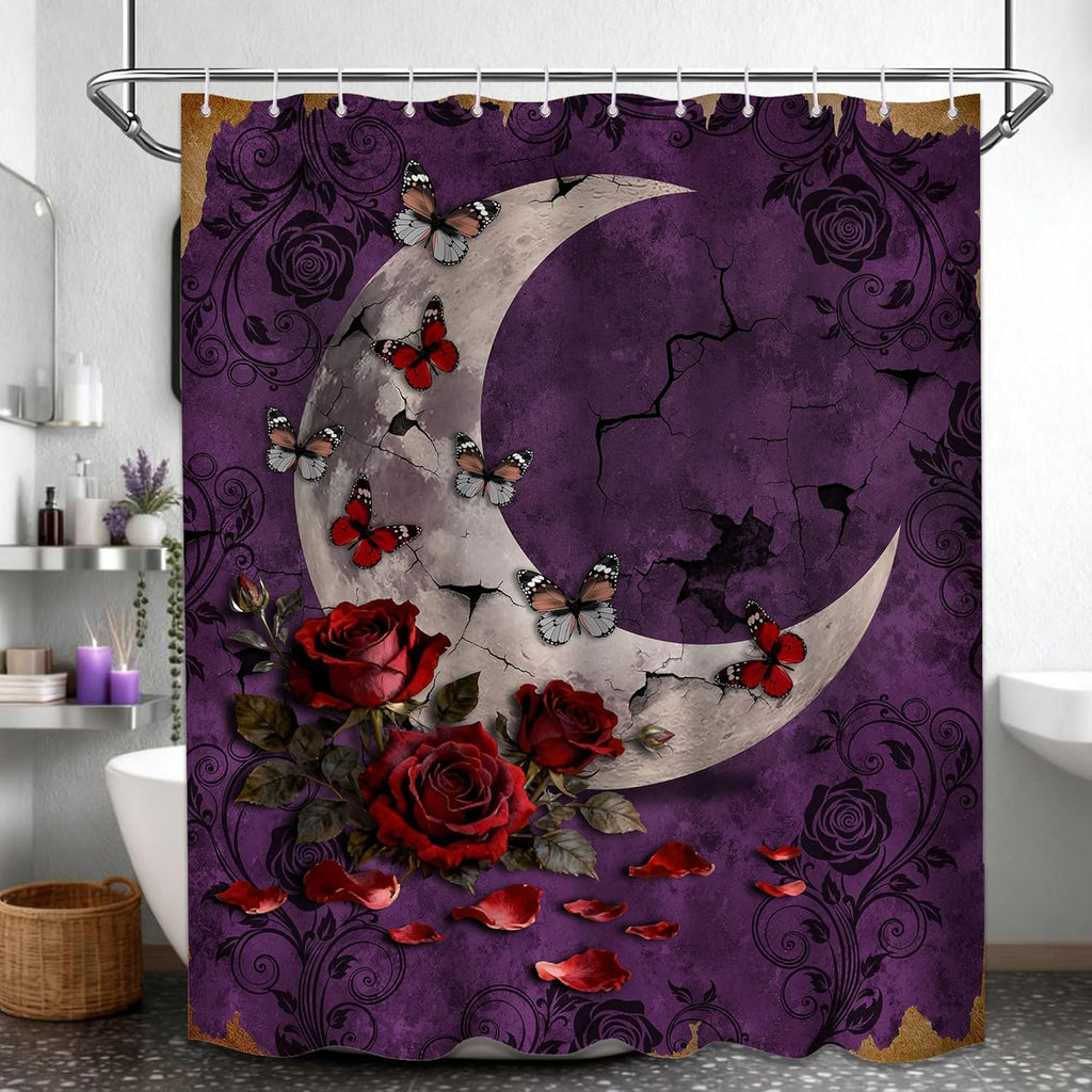 Purple Witchy Shower Curtain Gothic Moon Goth, 70 X 72 Inch | Waterproof Cloth Fabric, Includes Hooks, Bathroom Decor Sets