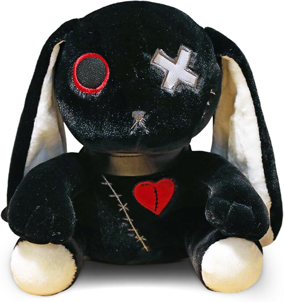 Creepy Goth Bunny Plush, 12 Inch Crazy Rabbit Plushie Toys, Long Ears Spooky Bunny Stuffed Animal Doll for Easter Halloween Christmas Birthday Gift (Black)
