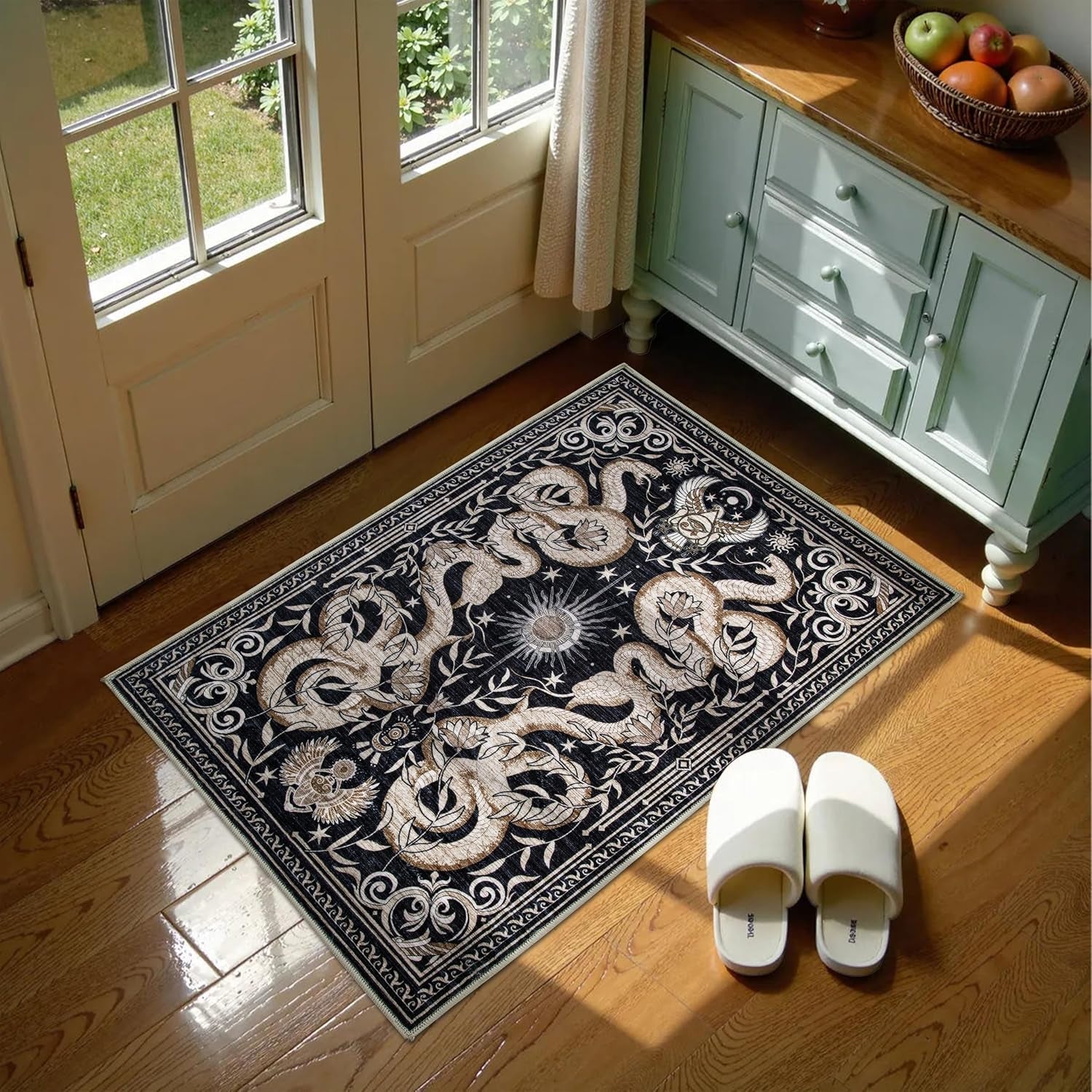 2X3 Snake Washable Rug Small Gothic Animal Rug Soft Low-Pile Thin Area Rug for Living Room Bedroom Dining Modern Art Deco Black Gold